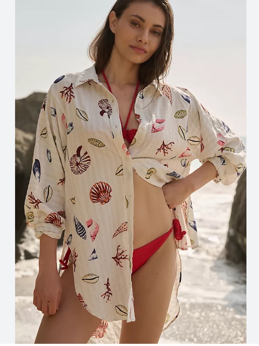 Anthropologie White Seashell Print Shirt Size L